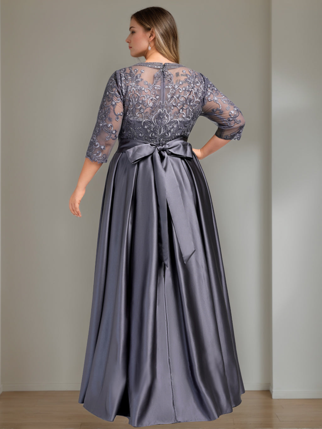 A-Line/Princess Scoop 3/4 Length Sleeves Floor-Length Plus Size Mother Of The Bride Dresses With Bow & Sequins BabaMila