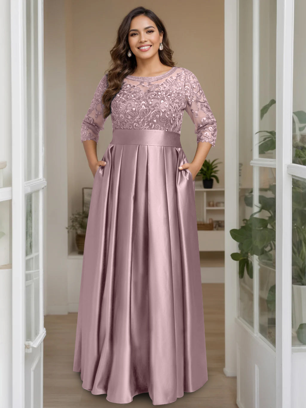 A-Line/Princess Scoop 3/4 Length Sleeves Floor-Length Plus Size Mother Of The Bride Dresses With Bow & Sequins BabaMila