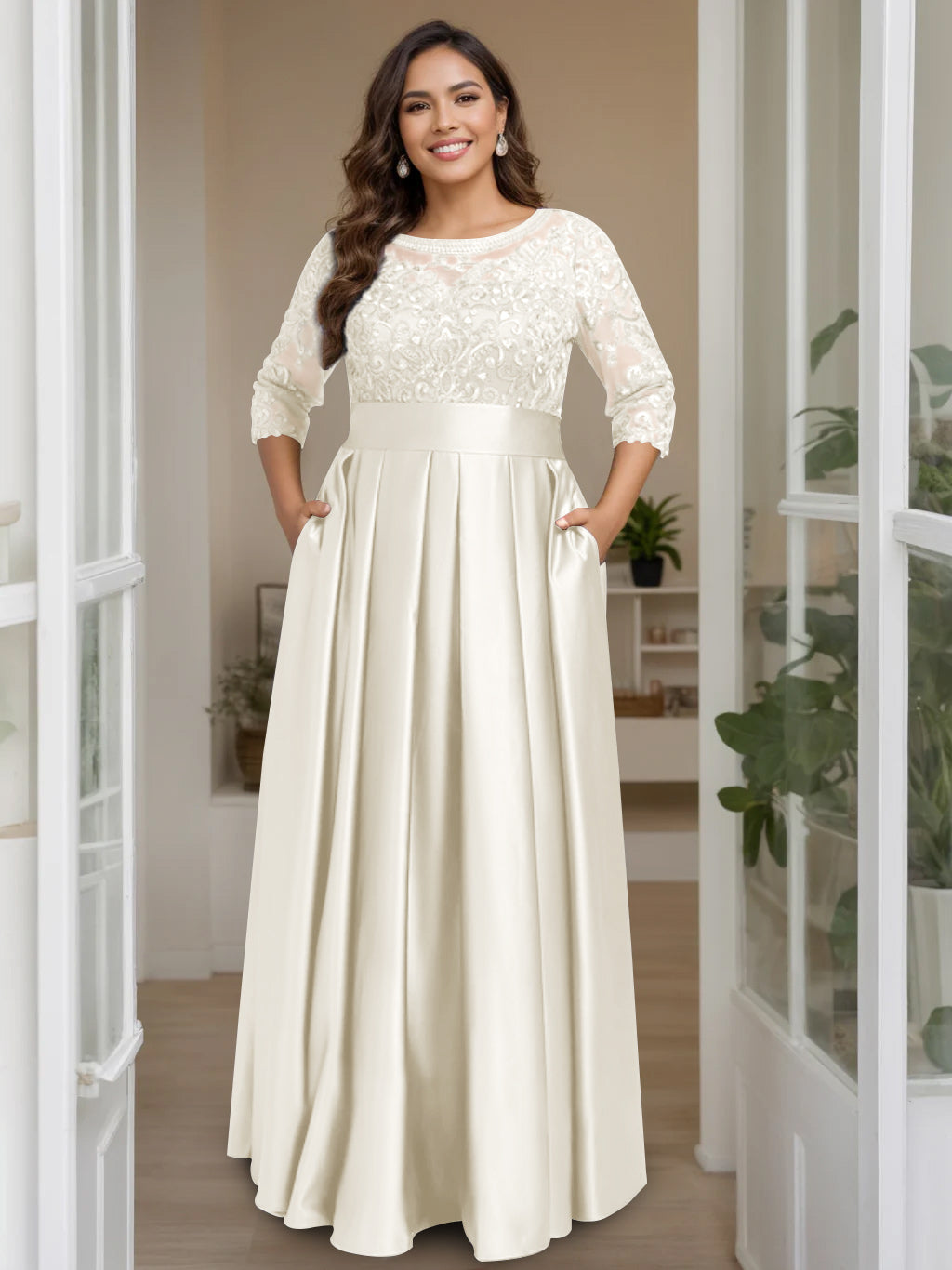 A-Line/Princess Scoop 3/4 Length Sleeves Floor-Length Plus Size Mother Of The Bride Dresses With Bow & Sequins BabaMila