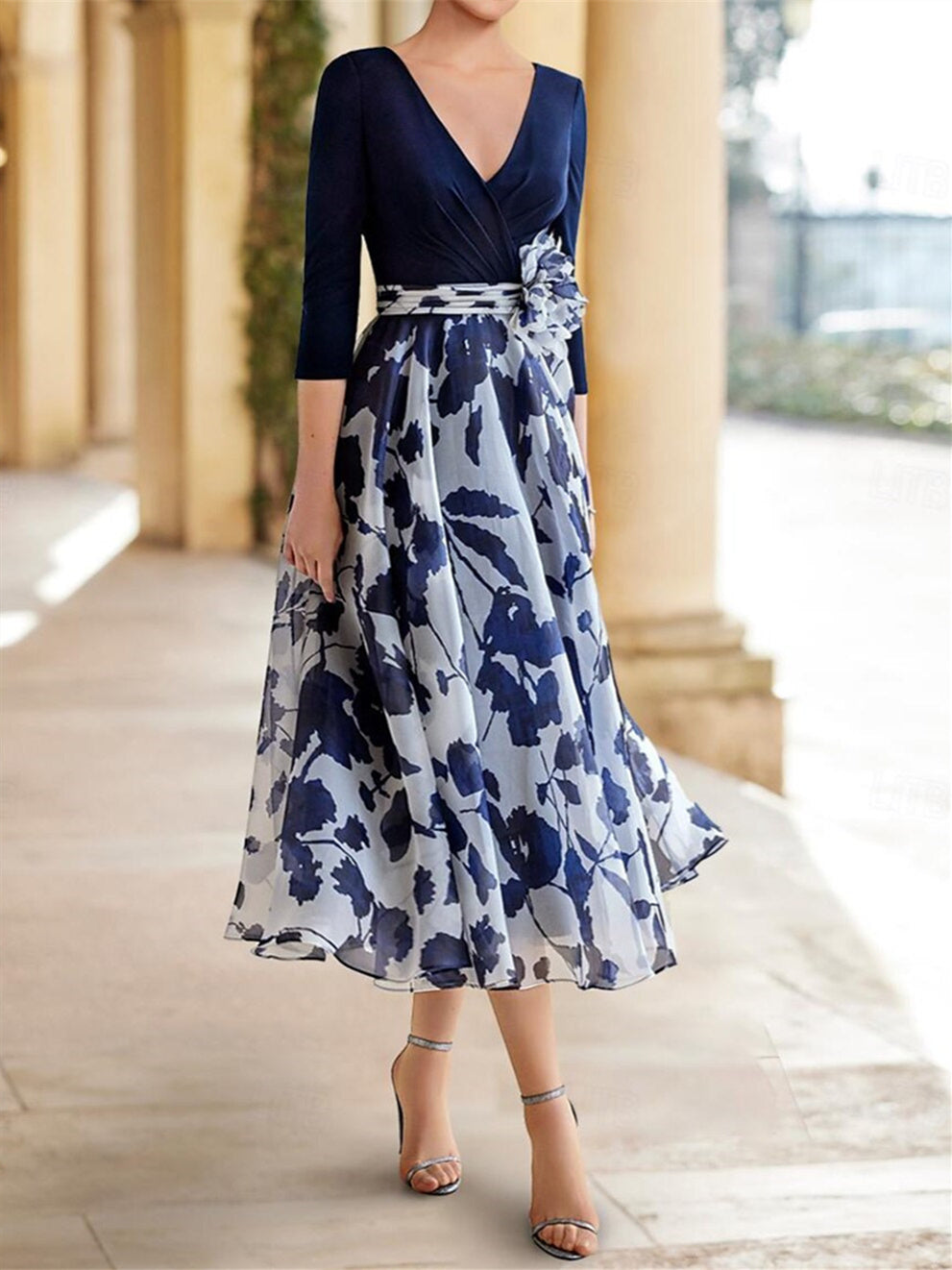 A Line/Princess V Neck 3/4 Sleeves Ankle Length Floral Mother Of The Bride Dresses BabaMila