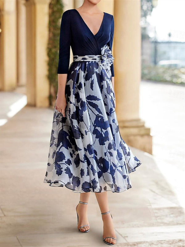 A Line/Princess V Neck 3/4 Sleeves Ankle Length Floral Mother Of The Bride Dresses BabaMila