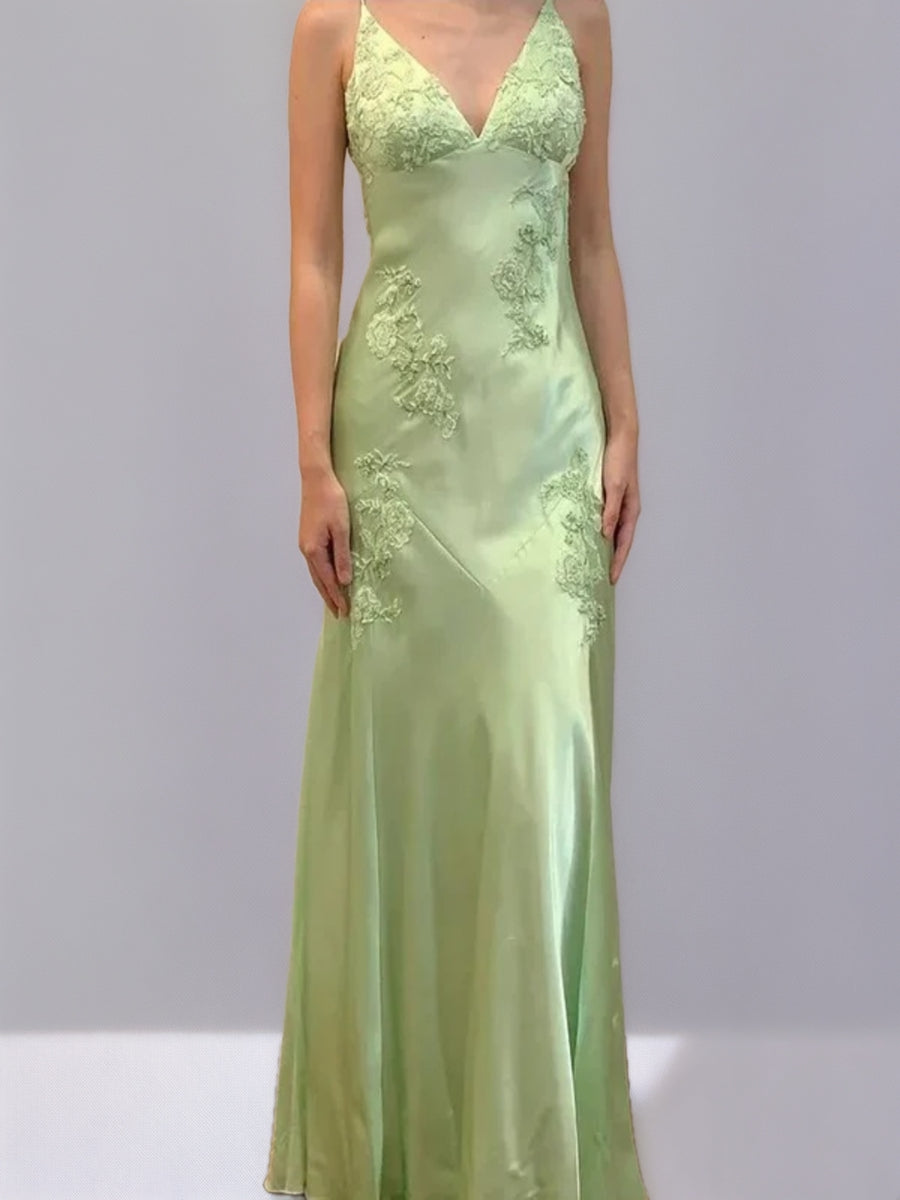Sheath/Column Spaghetti Straps Backless Sleeveless Prom Dresses with Appliques/Self-tie BabaMila