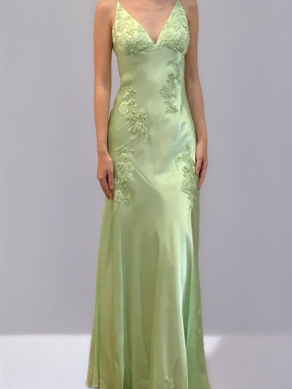 Sheath/Column Spaghetti Straps Backless Sleeveless Prom Dresses with Appliques/Self-tie BabaMila