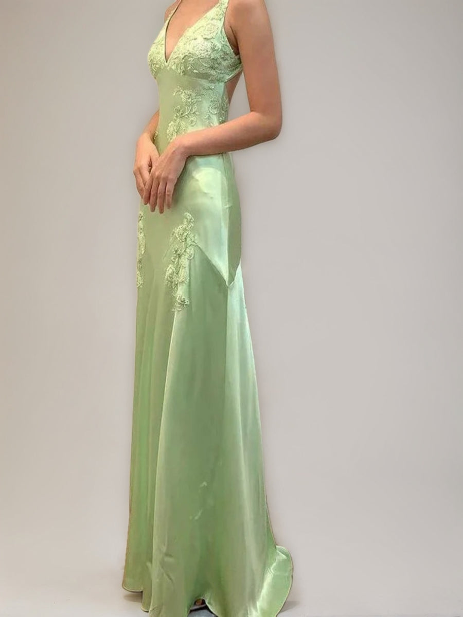Sheath/Column Spaghetti Straps Backless Sleeveless Prom Dresses with Appliques/Self-tie BabaMila
