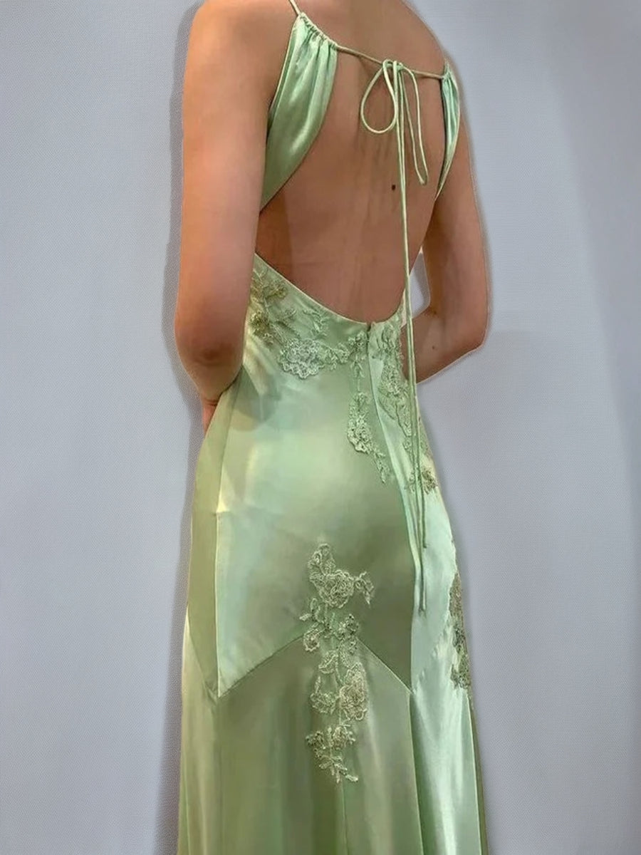 Sheath/Column Spaghetti Straps Backless Sleeveless Prom Dresses with Appliques/Self-tie BabaMila