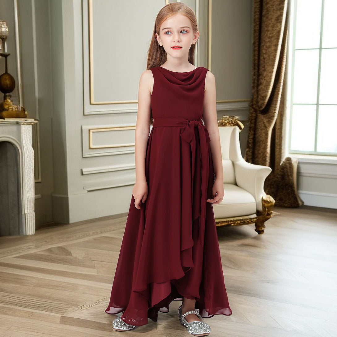Asymmetrical Cowl Sleeveless Chiffon Floor-Length Junior Bridesmaid Dress/Girls Birthday Dresses With Belt Girls Gidiondress