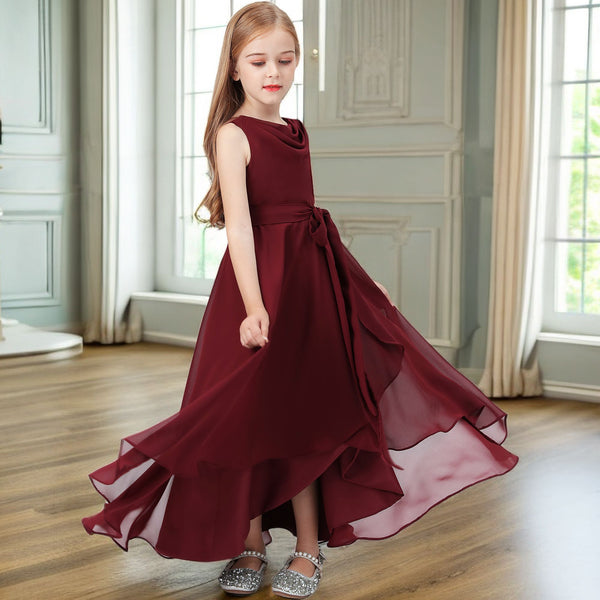 Asymmetrical Cowl Sleeveless Chiffon Floor-Length Junior Bridesmaid Dress/Girls Birthday Dresses With Belt Girls Gidiondress