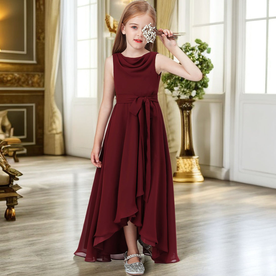 Asymmetrical Cowl Sleeveless Chiffon Floor-Length Junior Bridesmaid Dress/Girls Birthday Dresses With Belt Girls Gidiondress