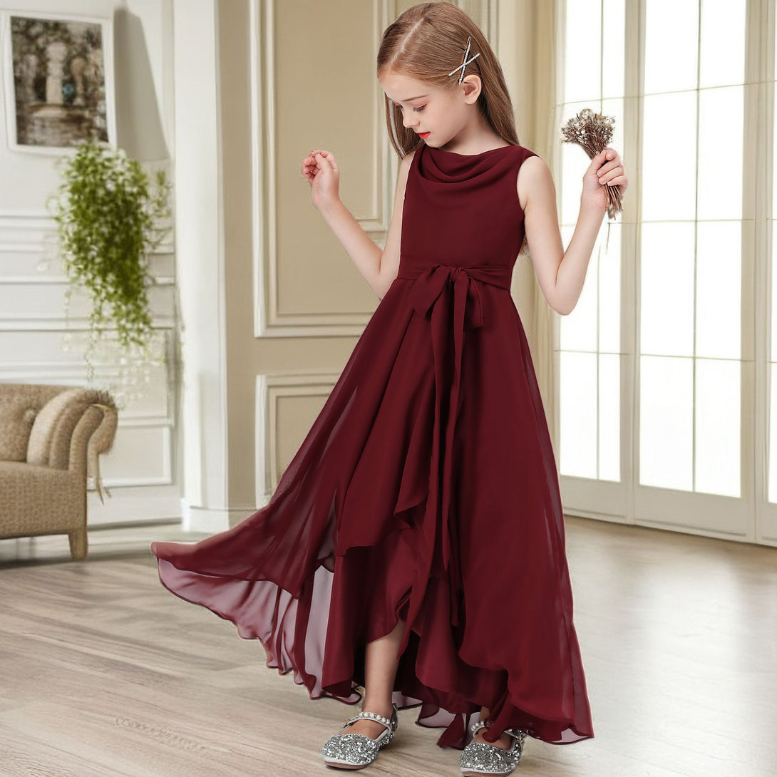 Asymmetrical Cowl Sleeveless Chiffon Floor-Length Junior Bridesmaid Dress/Girls Birthday Dresses With Belt Girls Gidiondress