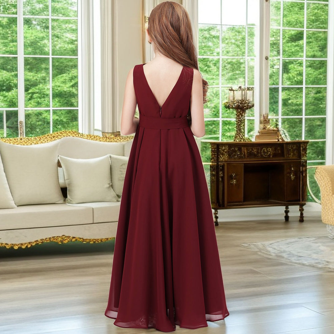 Asymmetrical Cowl Sleeveless Chiffon Floor-Length Junior Bridesmaid Dress/Girls Birthday Dresses With Belt Girls Gidiondress