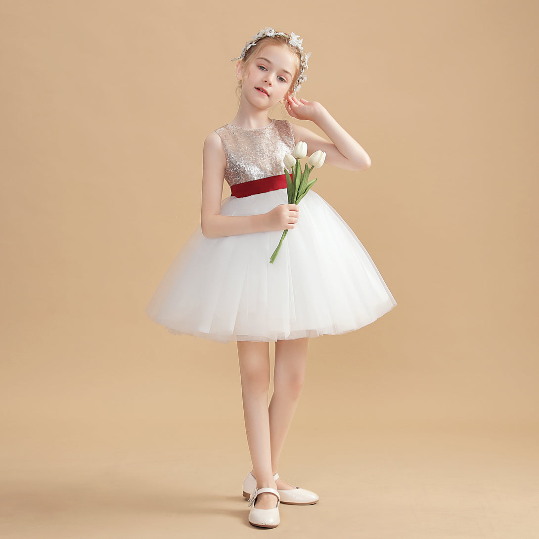 Sleeveless Boat Neck Knee-Length Satin/Tulle/Sequins Flower Girl Dresses With Belt Girls Gidiondress