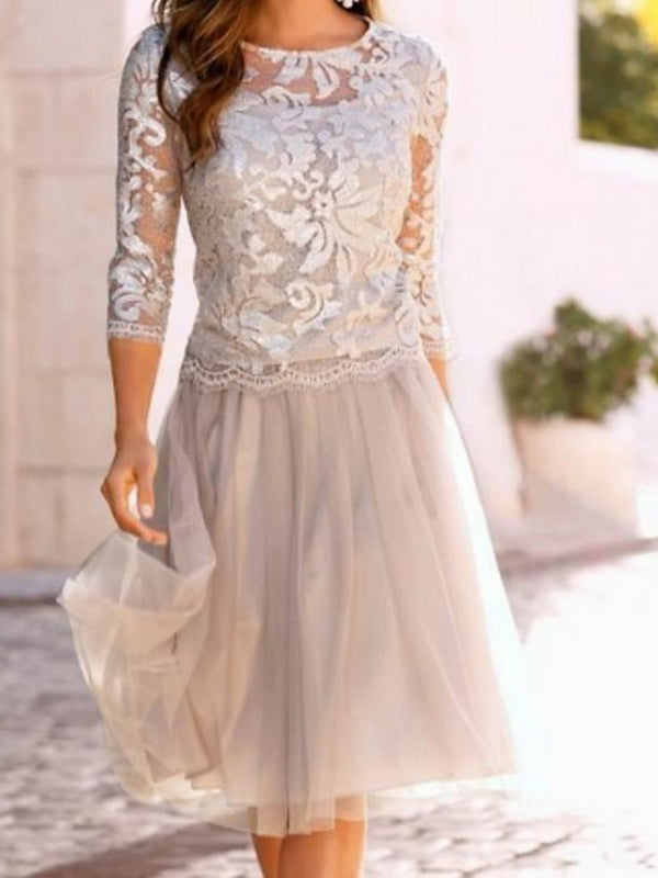 A-Line/Princess Scoop Knee-Length Party Cocktail Homecoming Dress With Lace BabaMila