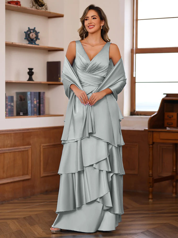 A-Line/Princess V-Neck Sleeveless Floor-Length Mother Of The Bride Dresses With Ruffles & Wrap BabaMila