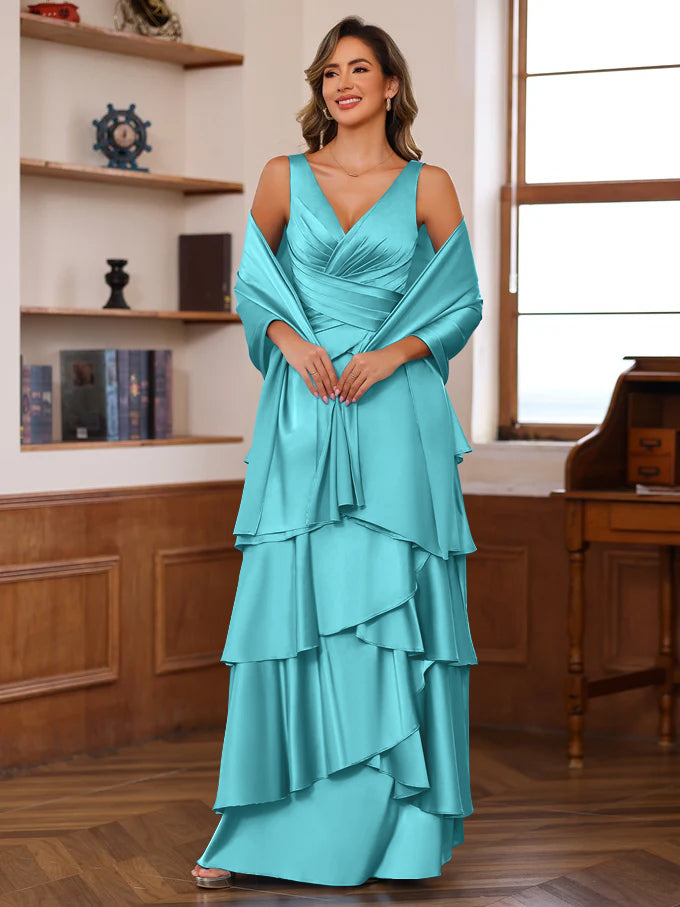 A-Line/Princess V-Neck Sleeveless Floor-Length Mother Of The Bride Dresses With Ruffles & Wrap BabaMila
