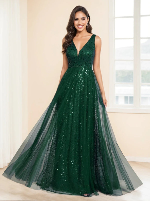 A-Line/Princess V-Neck Sleeveless High Waist Floor-length Evening Dresses BabaMila