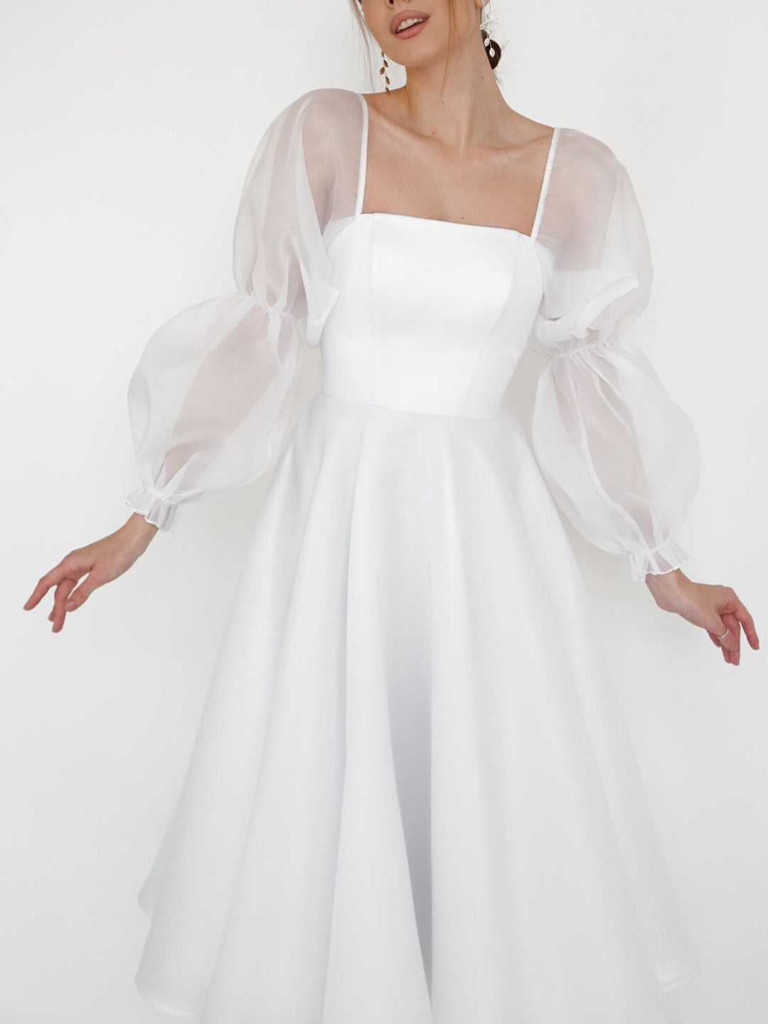 A-Line/Princess Square Neck Tea-Length Long Puff Sleeve Wedding Dress BabaMila