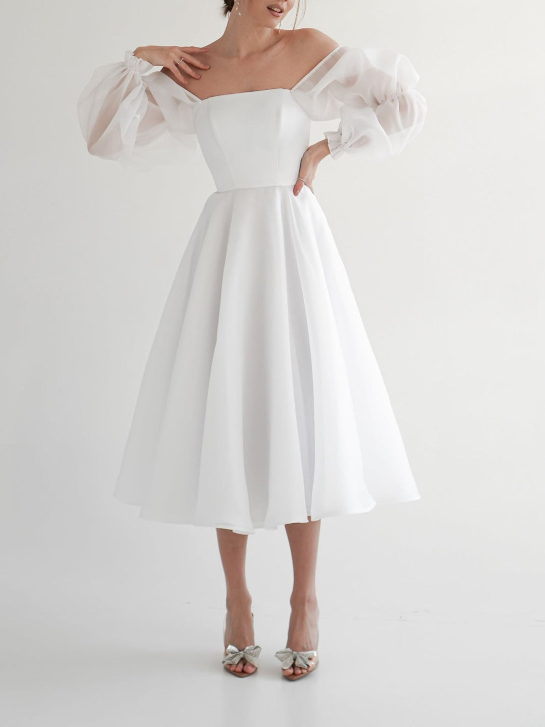 A-Line/Princess Square Neck Tea-Length Long Puff Sleeve Wedding Dress BabaMila