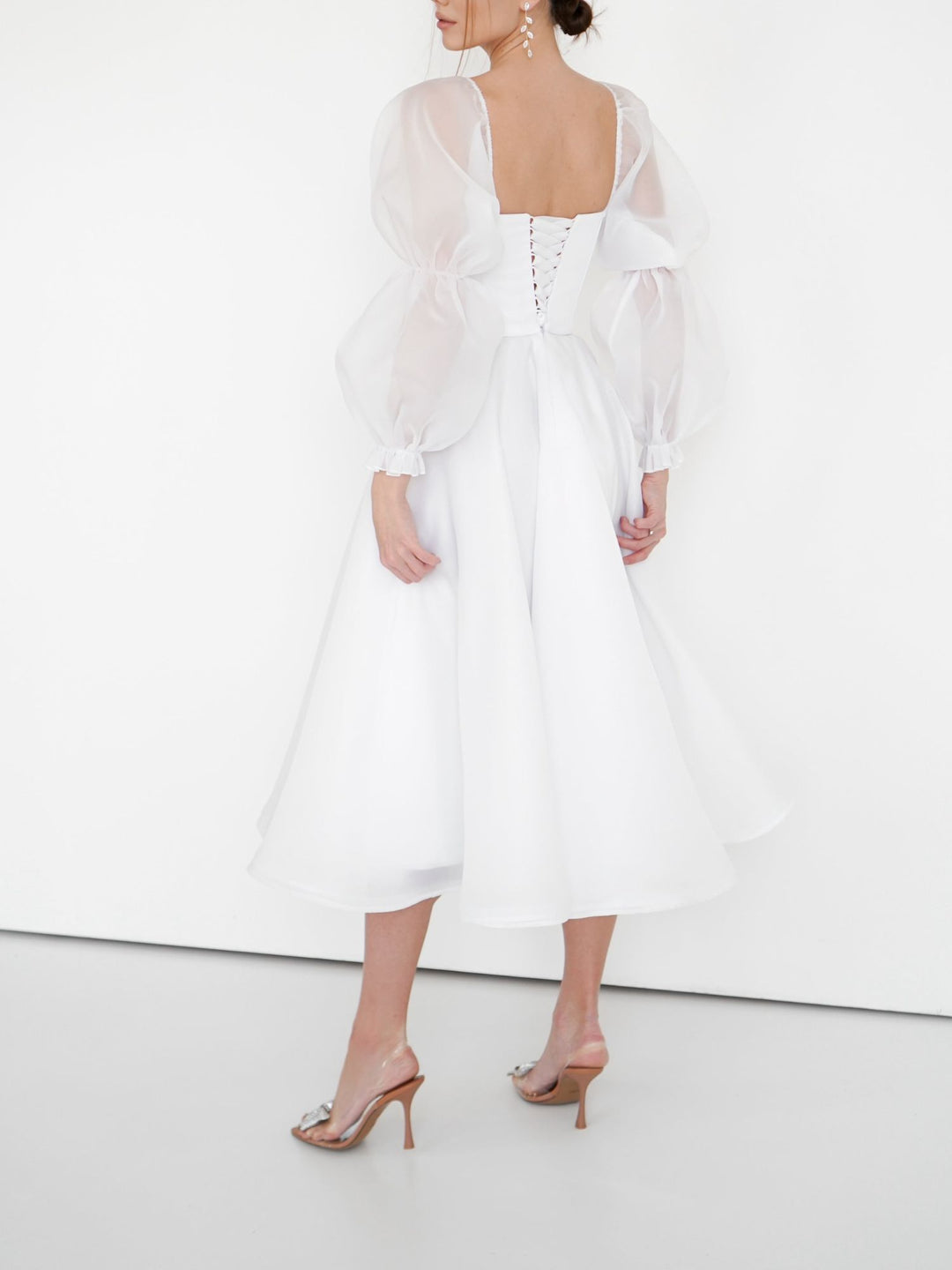 A-Line/Princess Square Neck Tea-Length Long Puff Sleeve Wedding Dress BabaMila