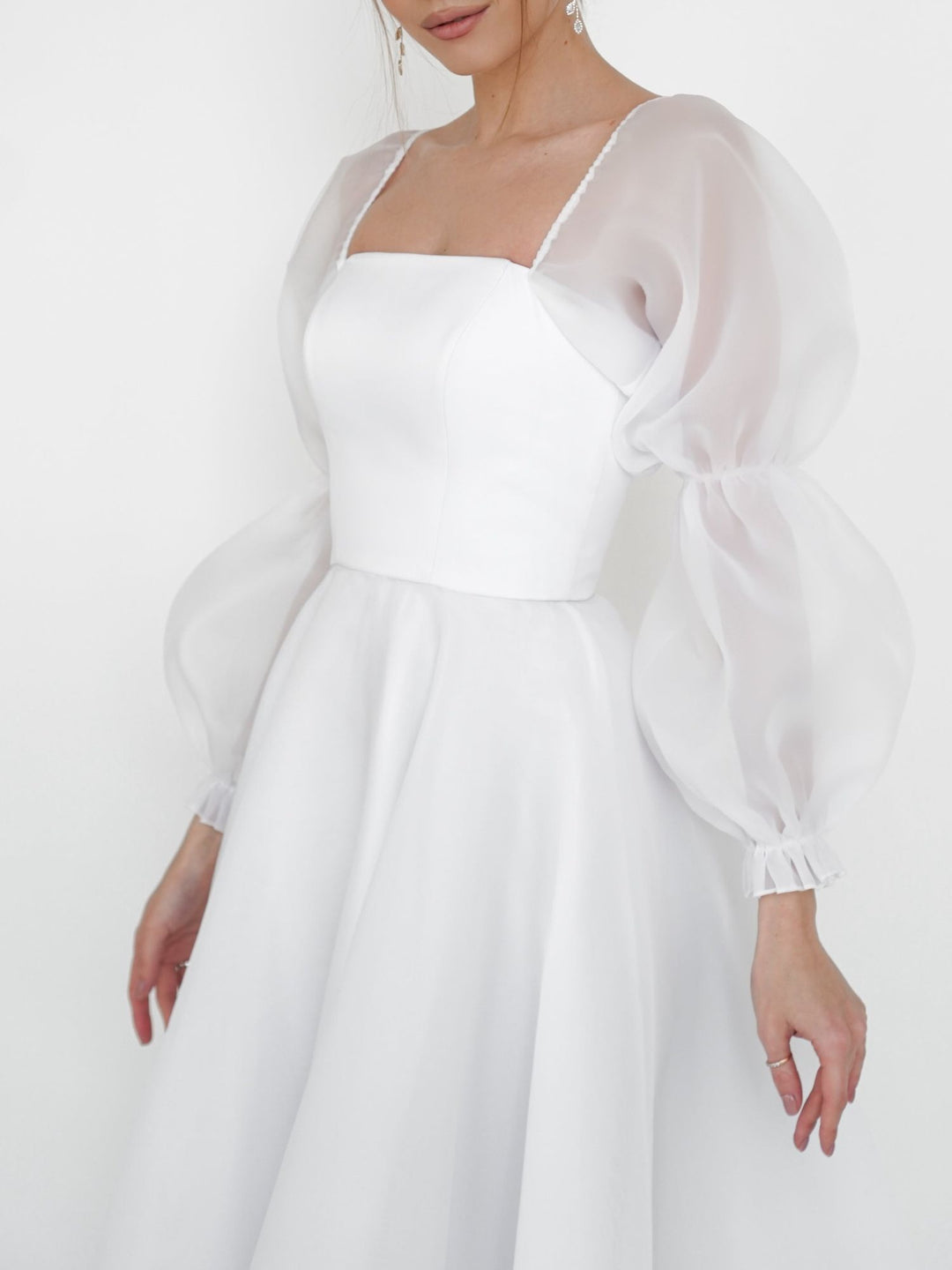 A-Line/Princess Square Neck Tea-Length Long Puff Sleeve Wedding Dress BabaMila