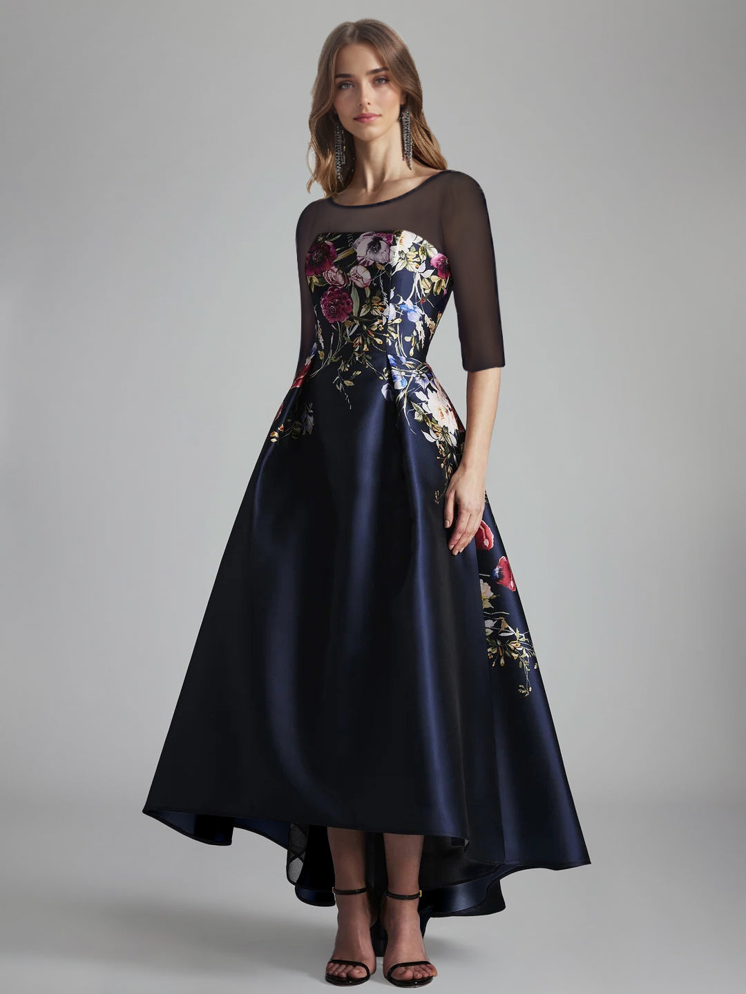 A-Line/Princess Scoop Half Sleeves Asymmetrical Printed Floral Pleated Mother Of The Bride Dresses With Tulle BabaMila