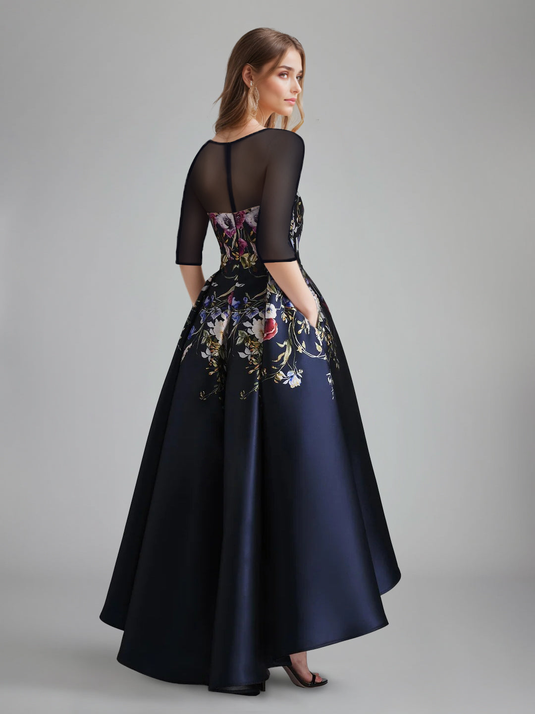 A-Line/Princess Scoop Half Sleeves Asymmetrical Printed Floral Pleated Mother Of The Bride Dresses With Tulle BabaMila