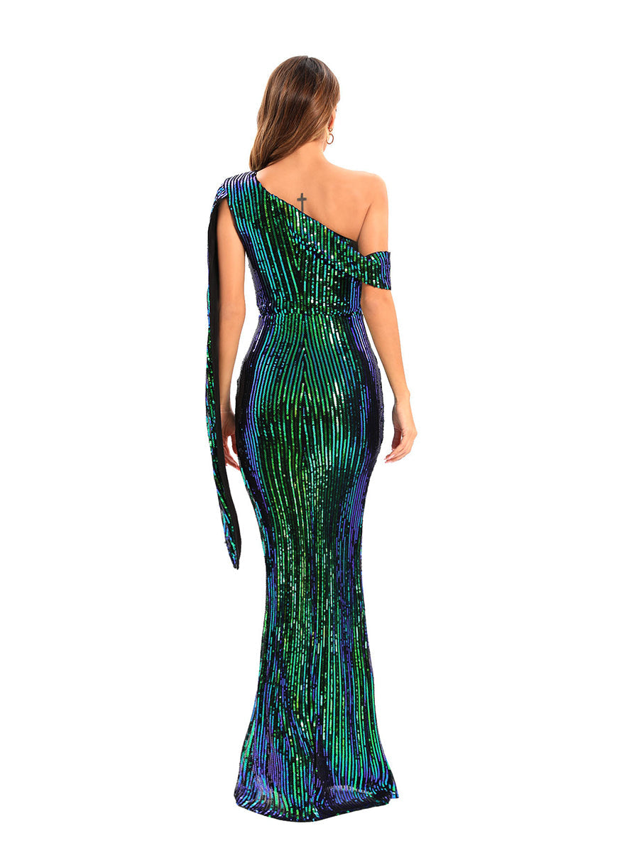 Sheath/Column One-Shoulder Sleeveless Sexy Prom Dresses with Sequins/High Split BabaMila