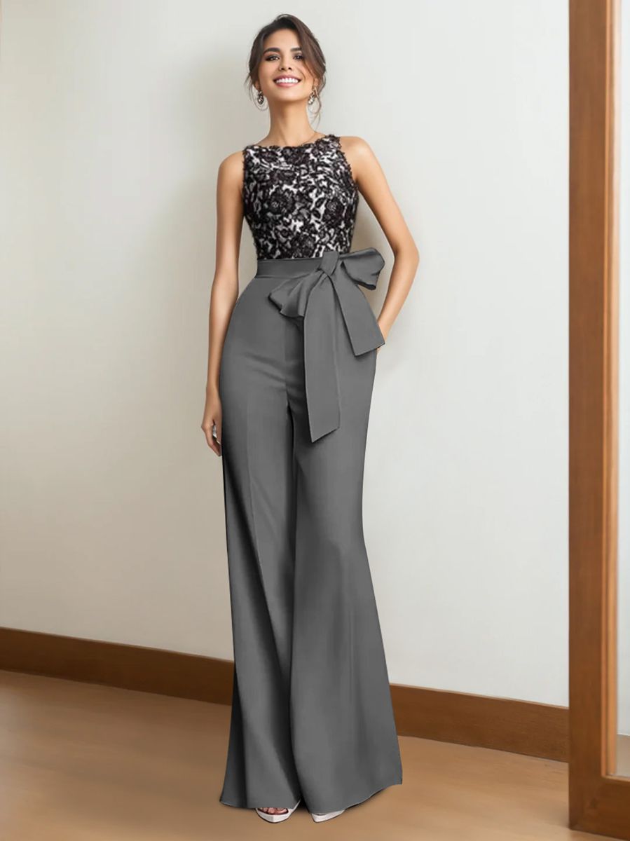 2 Piece Satin Sleeveless Floor Length Mother Of The Bride Pantsuits With Lace Appliques & Bow BabaMila