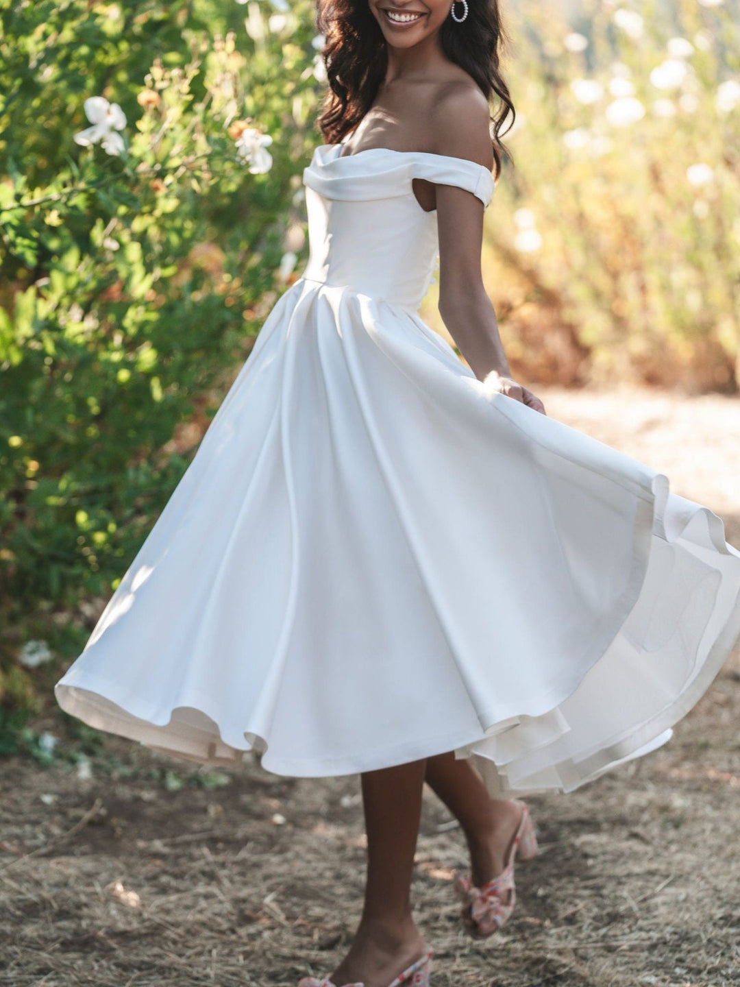 A-Line/Princess Off-the-Shoulder Tea-Length Satin Elegant Gown Wedding Dress BabaMila