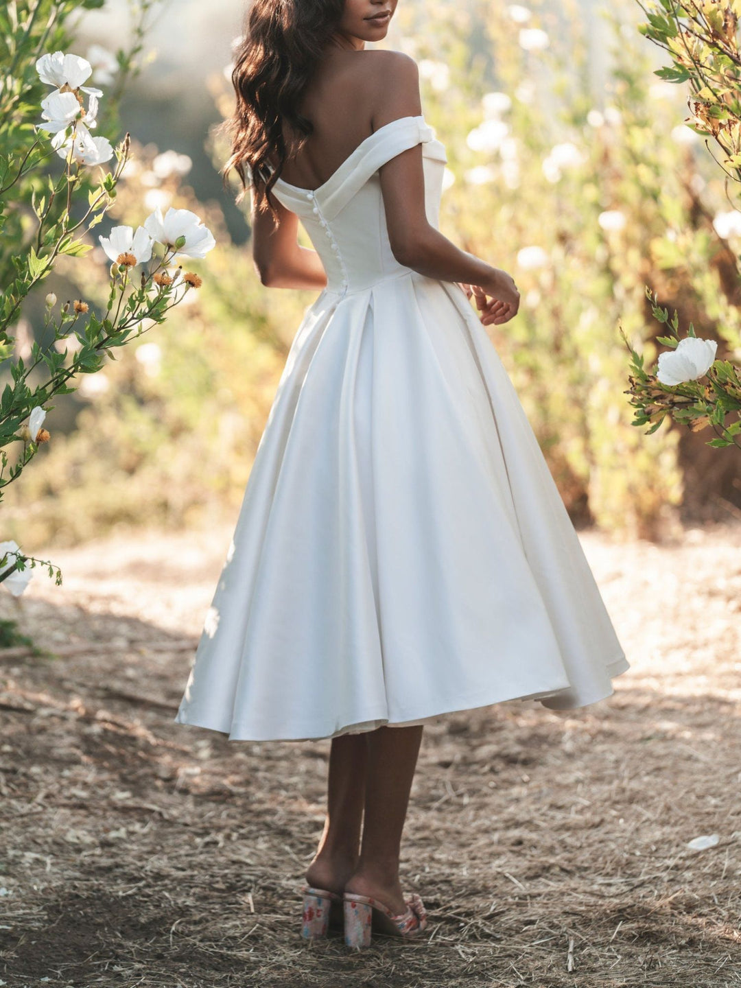 A-Line/Princess Off-the-Shoulder Tea-Length Satin Elegant Gown Wedding Dress BabaMila