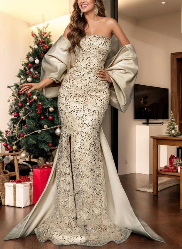 Mermaid/Trumpet Off-the-shoulder Sweep Train Evening Dress with Split Side & Bow(s) BabaMila