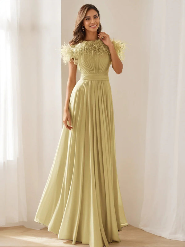 A-Line/Princess Off-the-shoulder Sleeveless Floor-Length Stretch Chiffon Evening Dress with Feather & Pleats BabaMila