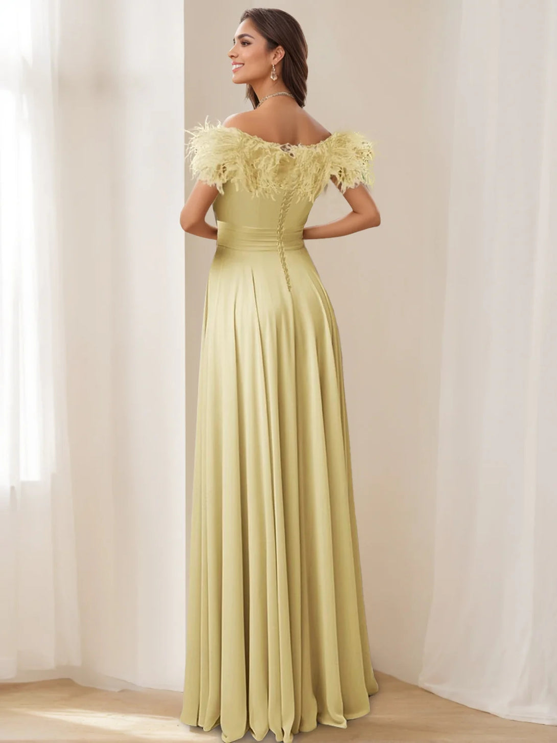 A-Line/Princess Off-the-shoulder Sleeveless Floor-Length Stretch Chiffon Evening Dress with Feather & Pleats BabaMila