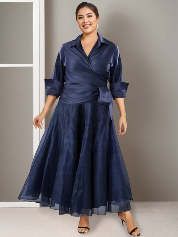 A-Line/Princess V-Neck Half Sleeves Ankle Length Plus Size Ruched Mother Of The Bride Dresses BabaMila