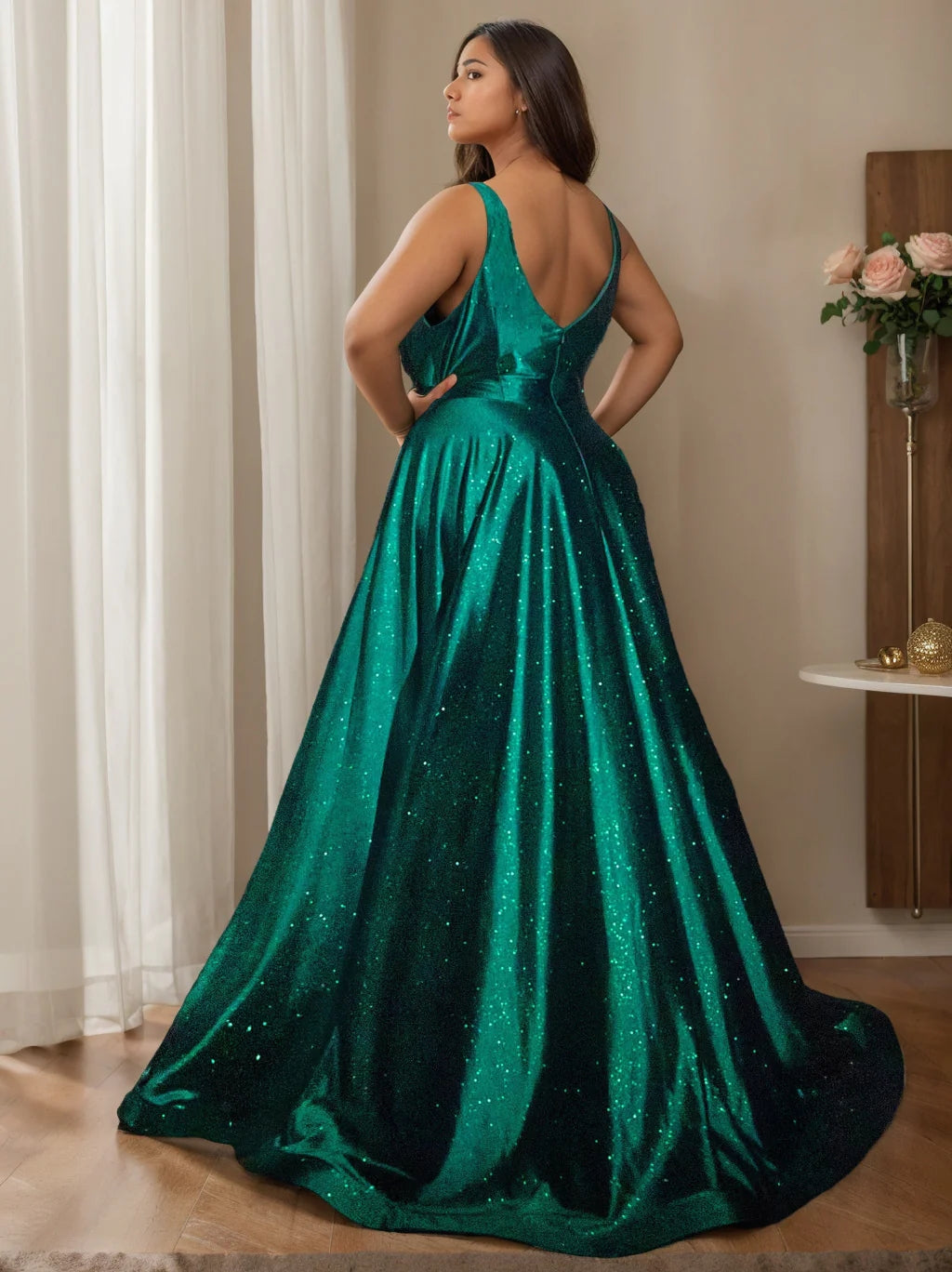 A-Line/Princess V-Neck Sleeveless Floor-Length Prom Evening Dresses with Split Side BabaMila