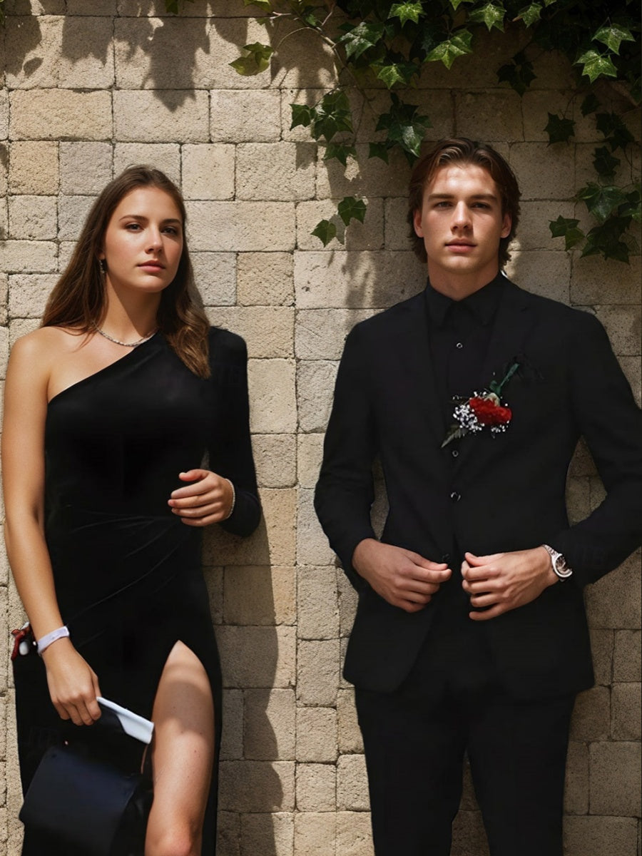 Sheath/Column One-shoulder Ruched Floor-Length Prom Dresses with High Split BabaMila