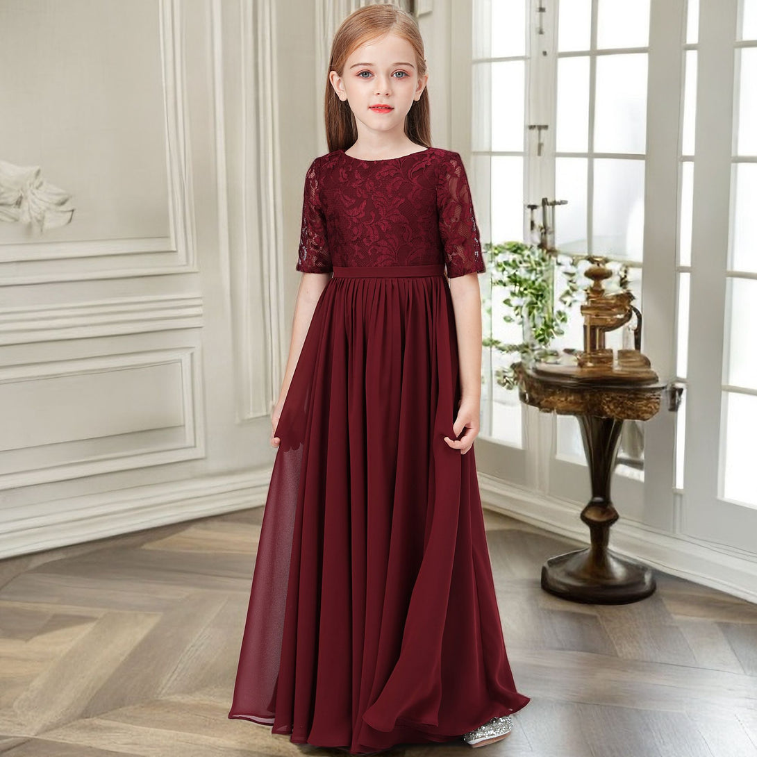 Classic Scoop Neck Half Sleeve Lace/Chiffon Floor-Length Junior Bridesmaid Dress/Girls Birthday Dresses With Belt Girls Gidiondress
