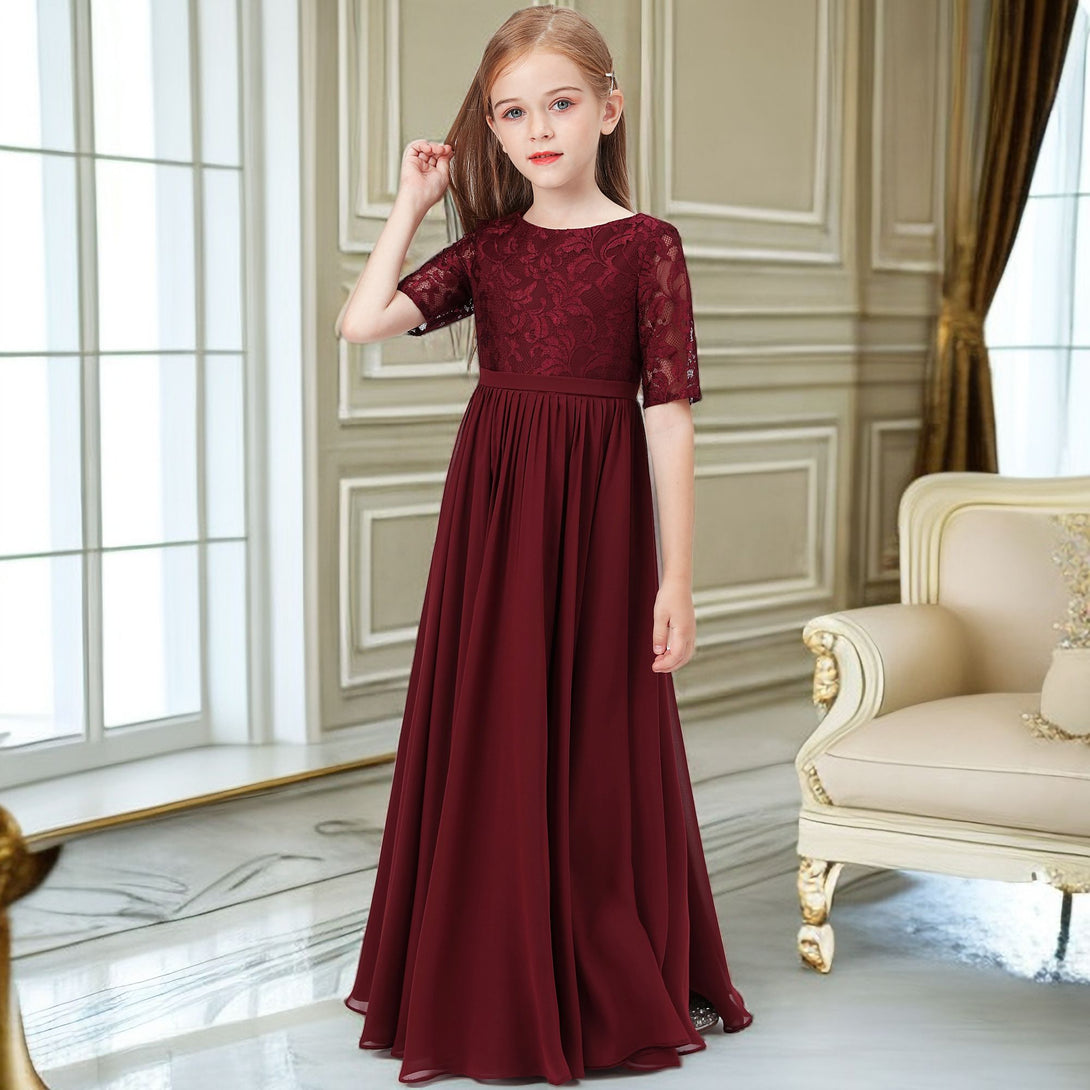 Classic Scoop Neck Half Sleeve Lace/Chiffon Floor-Length Junior Bridesmaid Dress/Girls Birthday Dresses With Belt Girls Gidiondress