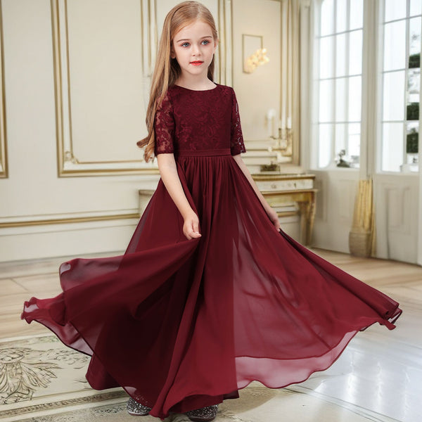Classic Scoop Neck Half Sleeve Lace/Chiffon Floor-Length Junior Bridesmaid Dress/Girls Birthday Dresses With Belt Girls Gidiondress