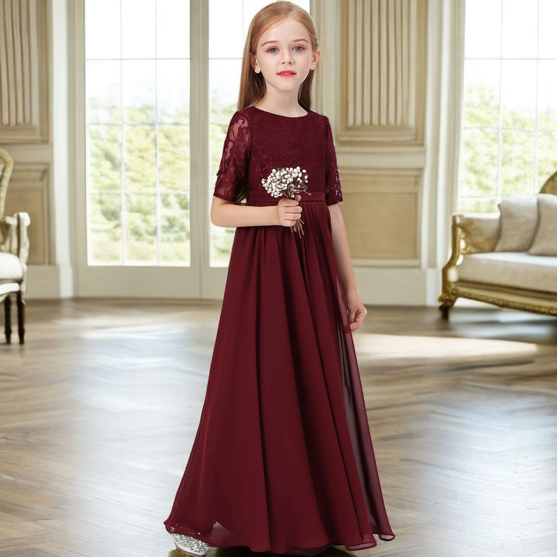 Classic Scoop Neck Half Sleeve Lace/Chiffon Floor-Length Junior Bridesmaid Dress/Girls Birthday Dresses With Belt Girls Gidiondress