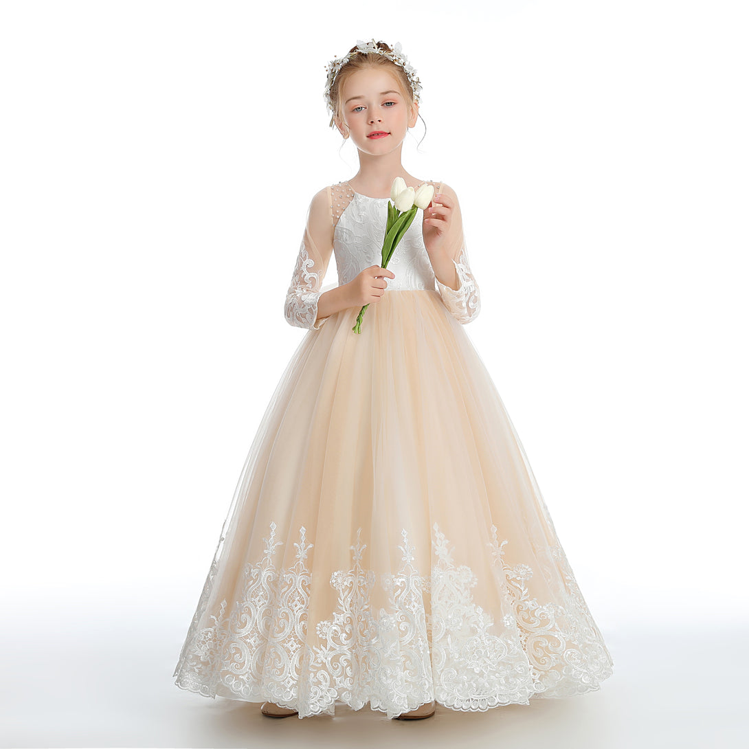 Ball Gown/Princess Long Sleeve Scoop Neck Floor-Length Lace/Tulle/Satin Flower Girl Dresses/First Communion Dress With Appliques/Beads/Bow Girls Gidiondress