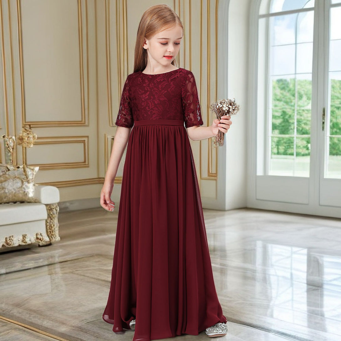 Classic Scoop Neck Half Sleeve Lace/Chiffon Floor-Length Junior Bridesmaid Dress/Girls Birthday Dresses With Belt Girls Gidiondress