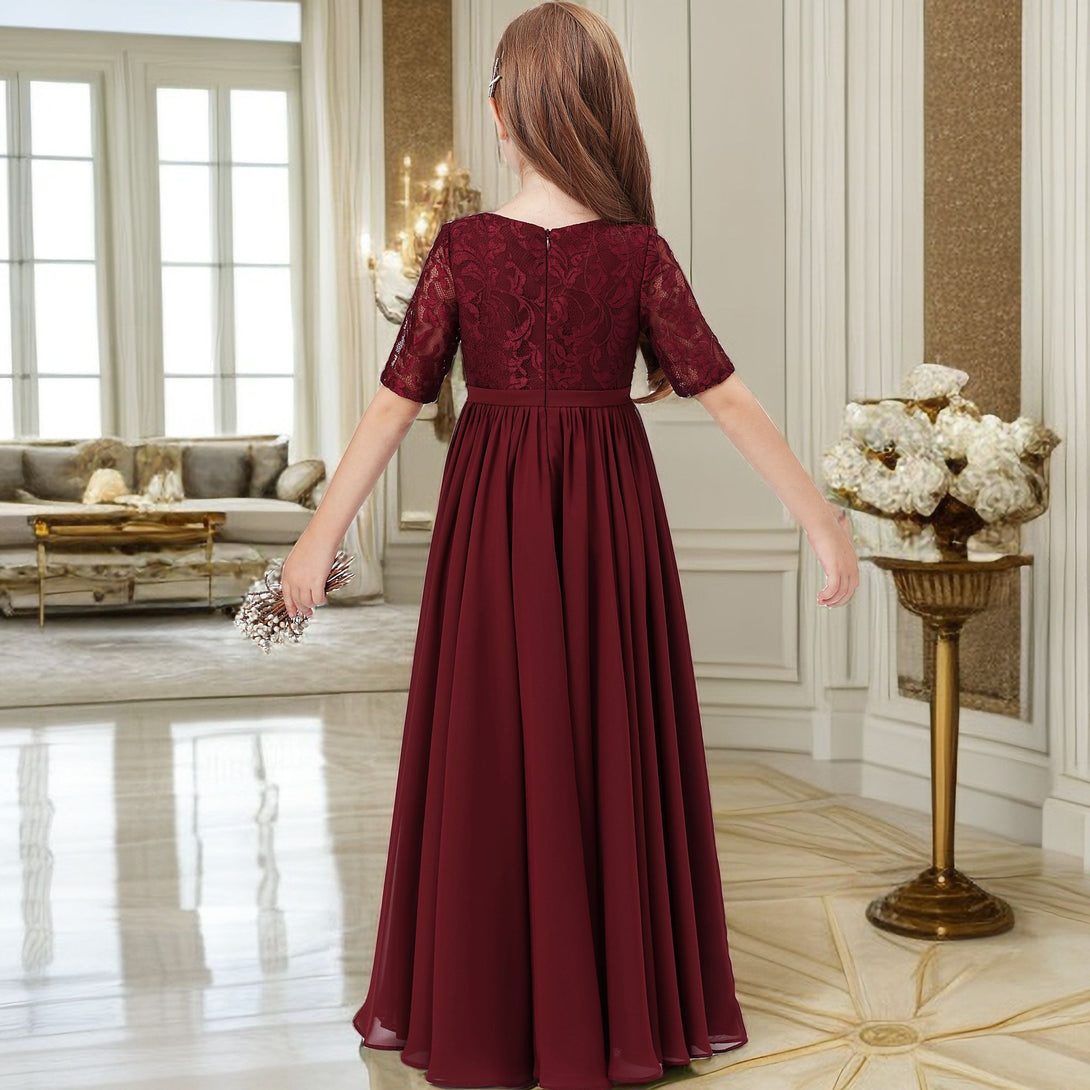 Classic Scoop Neck Half Sleeve Lace/Chiffon Floor-Length Junior Bridesmaid Dress/Girls Birthday Dresses With Belt Girls Gidiondress