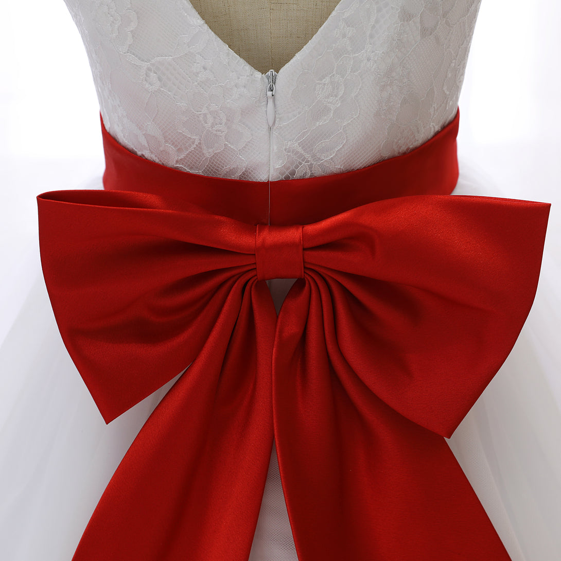 Boat Neck Sleeveless Floor-Length Lace/Satin/Tulle Ball Gown/Princess Dresses With Belt/Bow Gidiondress