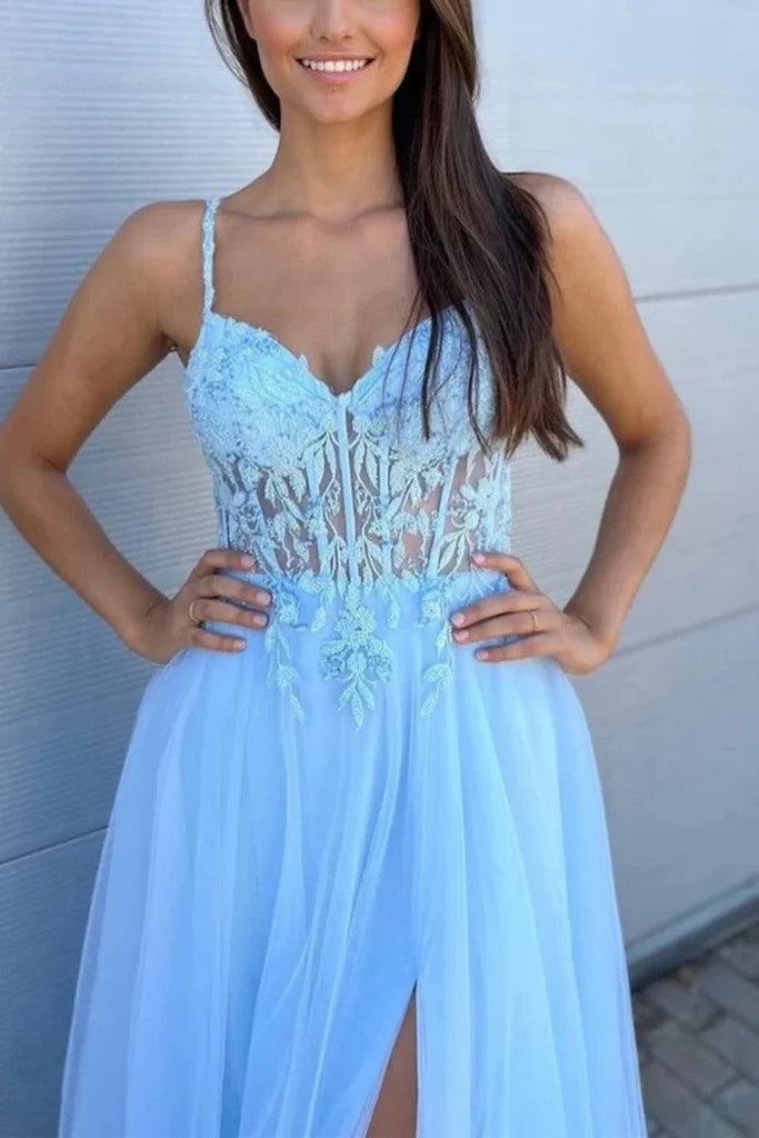A Line V Neck Open Back Light Blue Lace Long Prom Dresses with High Slit, Light Blue Lace Formal Evening Dresses BabaMila