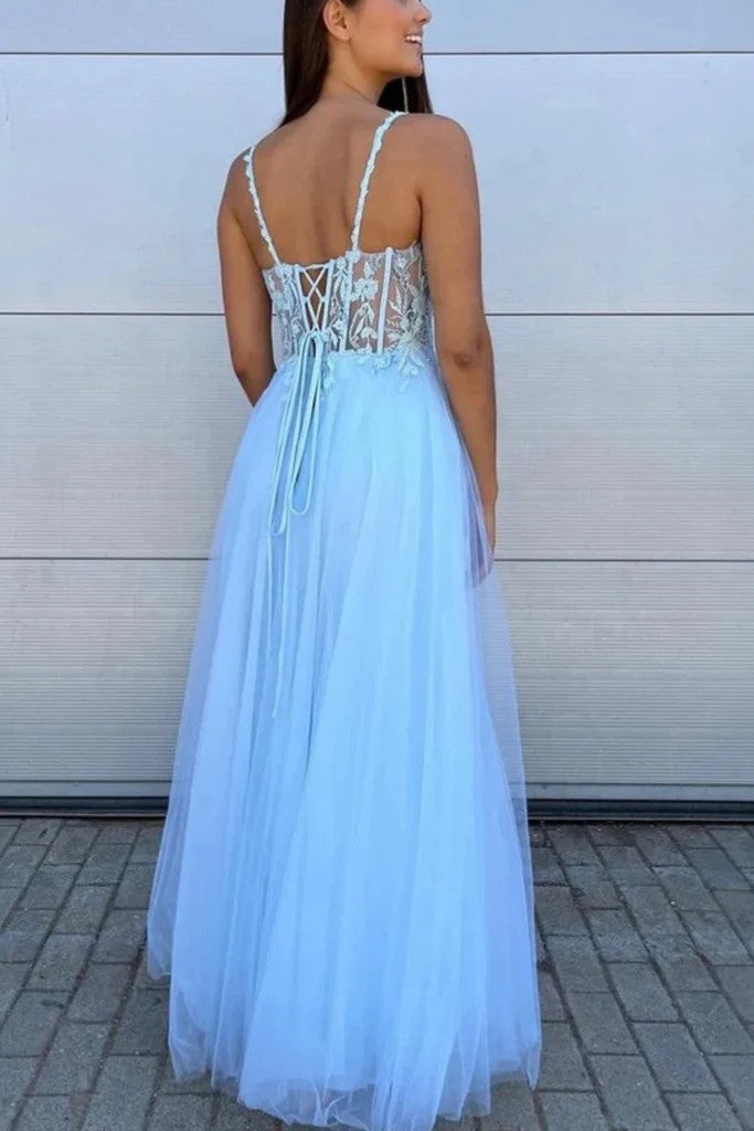 A Line V Neck Open Back Light Blue Lace Long Prom Dresses with High Slit, Light Blue Lace Formal Evening Dresses BabaMila