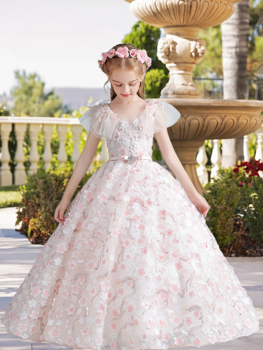 Exquisite V-Neck Flutter Straps Floor-Length Satin/Lace/Tulle Girls Birthday Dresses With Belt/Appliques/3D Flower Girls Gidiondress