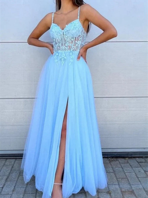 A Line V Neck Open Back Light Blue Lace Long Prom Dresses with High Slit, Light Blue Lace Formal Evening Dresses BabaMila