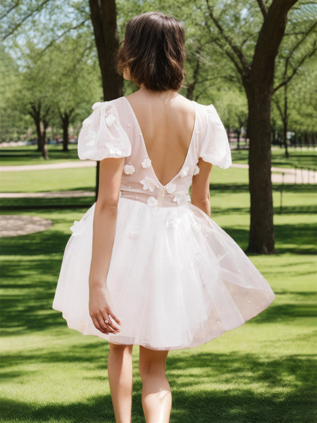 A-Line V-Neck Short Sleeves Short/Mini Flowers Wedding Dress BabaMila
