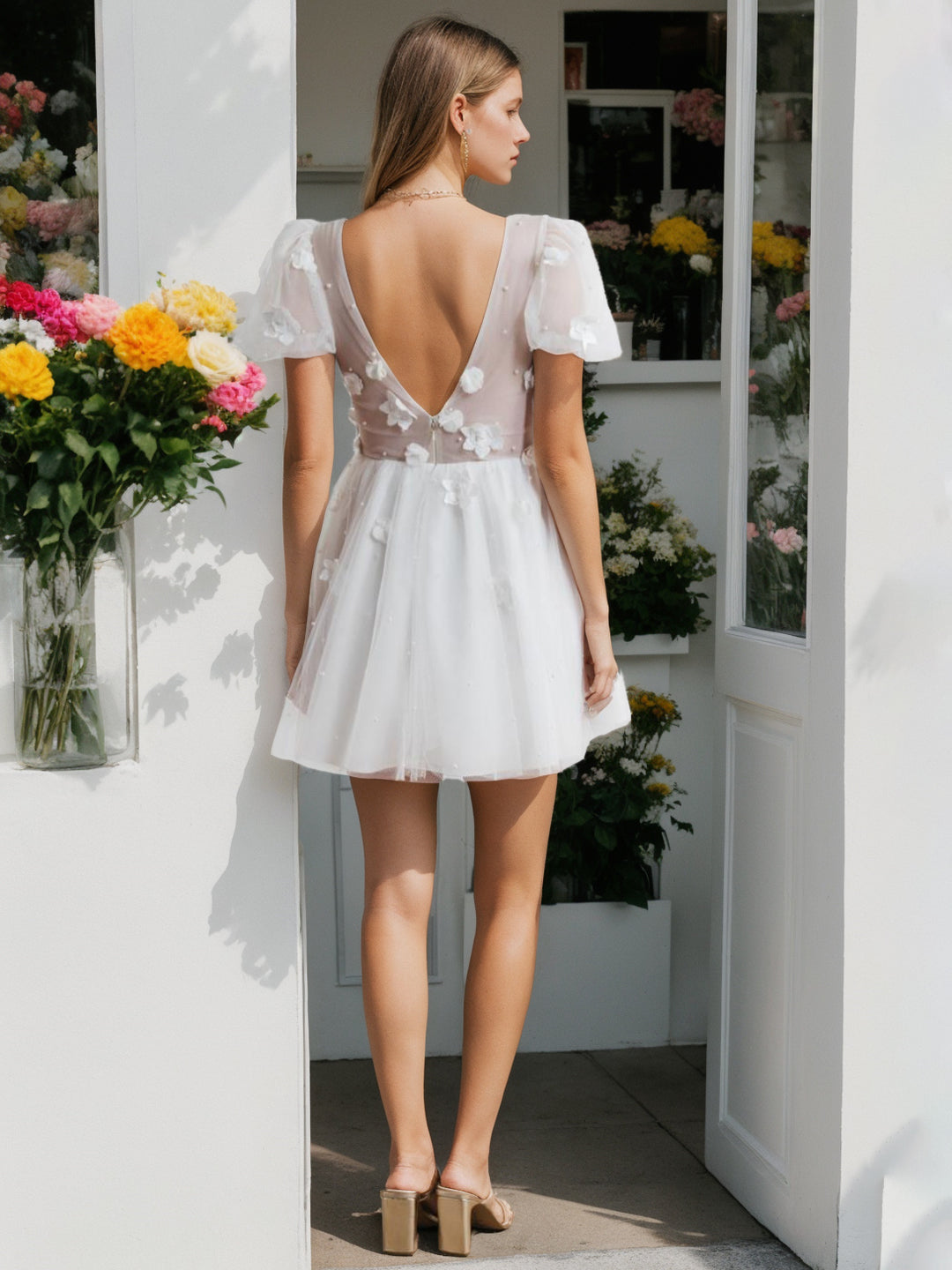 A-Line V-Neck Short Sleeves Short/Mini Flowers Wedding Dress BabaMila
