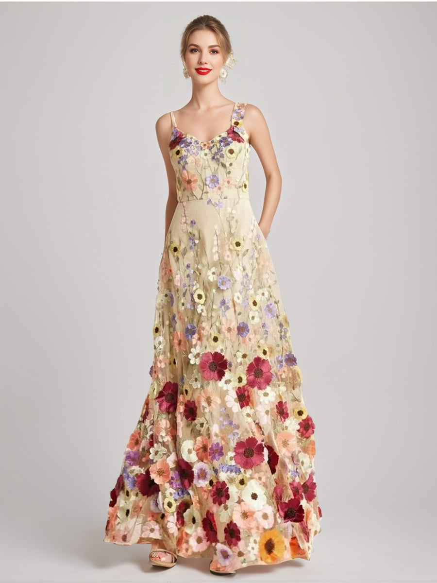 A-Line/Princess Spaghetti Straps Sleeveless Floor-Length Stylish Evening Dresses With Printed Flower BabaMila